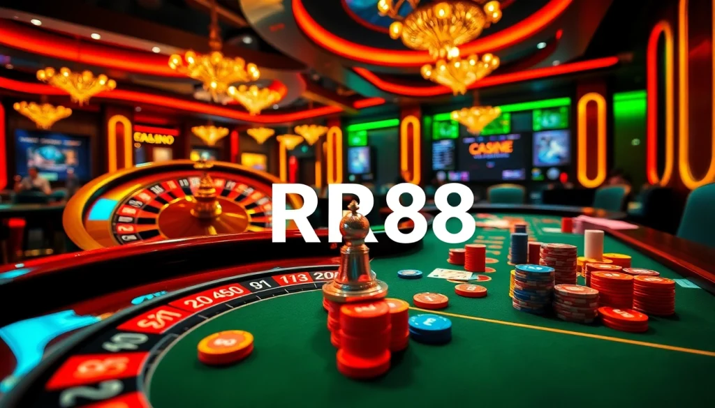 RR88 casino scene featuring poker chips and roulette wheel in an exciting gaming atmosphere.