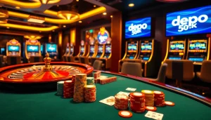 Suasana kasino yang seru dengan pemain yang melakukan aksi jempol di meja poker Depo 5k.