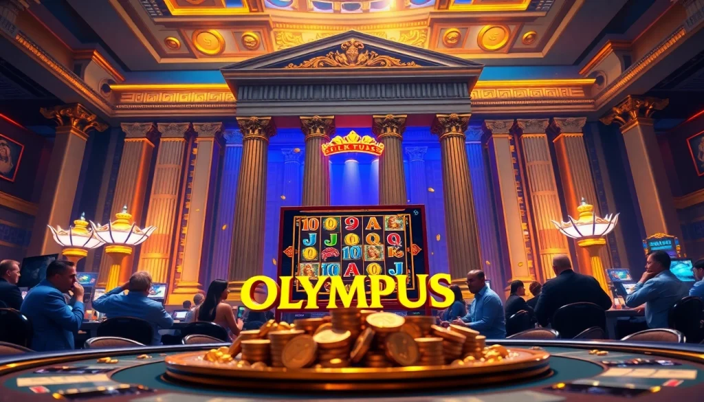 Spin the reels on the Olympus slot machine surrounded by ornate Greek symbols and casino excitement.