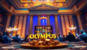 Spin the reels on the Olympus slot machine surrounded by ornate Greek symbols and casino excitement.