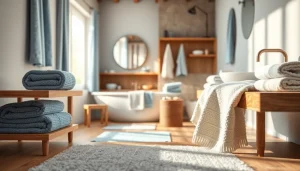 Badstof handdoeken en badmatten tonen de veelzijdigheid van badstof in een serene badkamer.