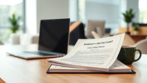 Showcasing warranty protection plans on an elegant desk with coffee and laptop.