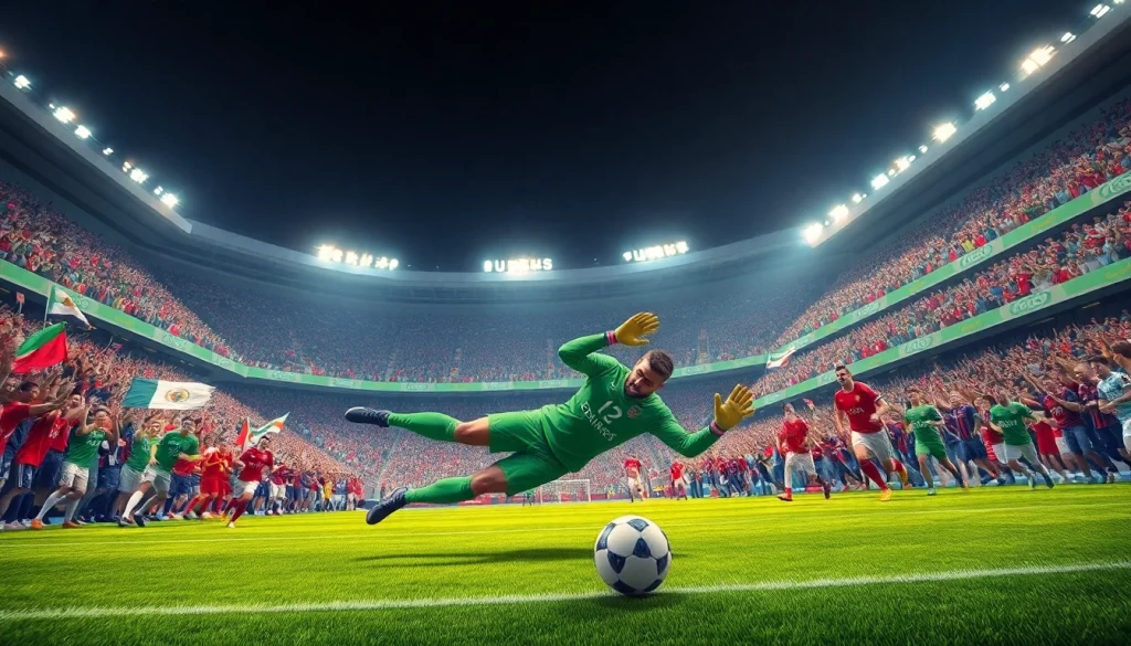 Live football action featuring goalkeeping and intense match atmosphere, focused on ผลบอลคืนนี้.