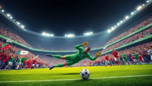 Live football action featuring goalkeeping and intense match atmosphere, focused on ผลบอลคืนนี้.