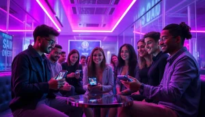 Interactive scene showcasing users enjoying NSFW AI platforms in a modern lounge.