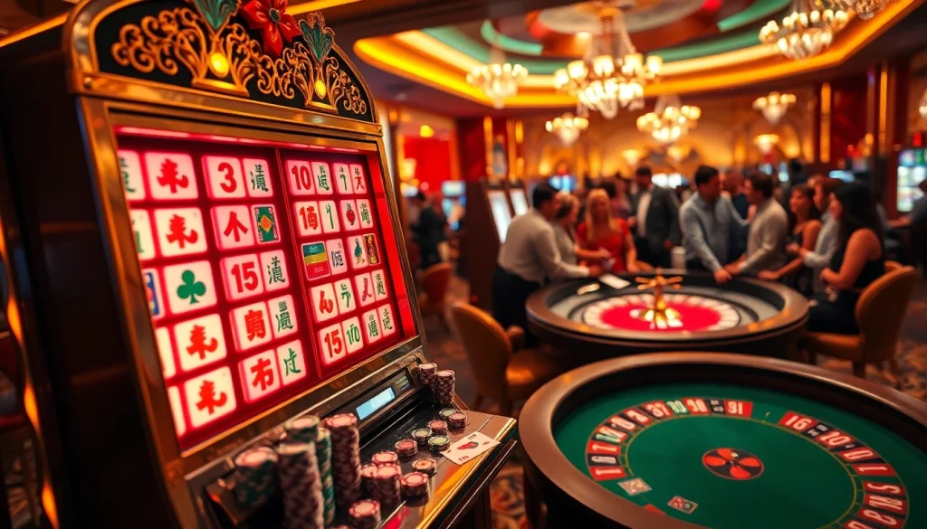 Terlibat dengan demo mesin slot Mahjong yang menampilkan ubin berwarna-warni dan suasana kasino yang hidup.