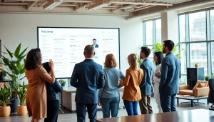 Job seekers navigating top sales job boards on interactive screens in a modern office.