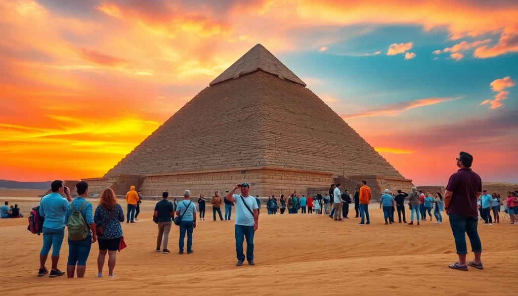 Tourists marveling at the majestic piraminds of Giza during a sunset backdrop.