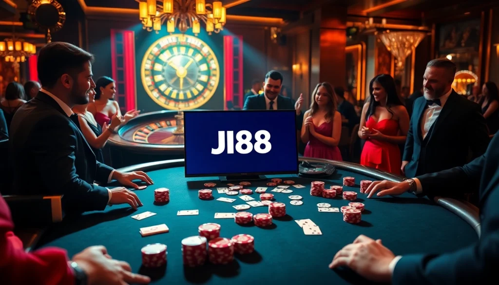 Excited players enjoy a high-stakes game at the J88 casino table, surrounded by poker chips and cards.
