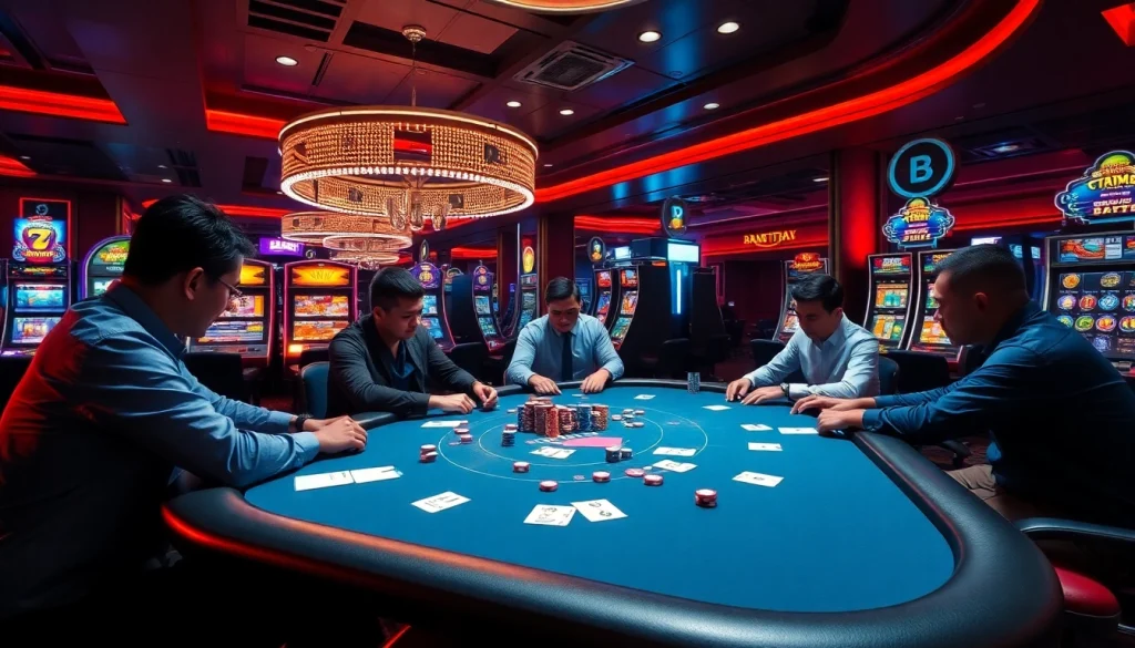 Exciting poker game scene highlighting bk8thai ทางเข้า with players engaged in high stakes at a luxurious casino.