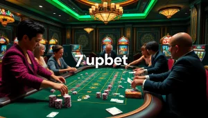 Experience the thrill of gambling with 7upbet at an elegant casino featuring exciting tables and dynamic players.