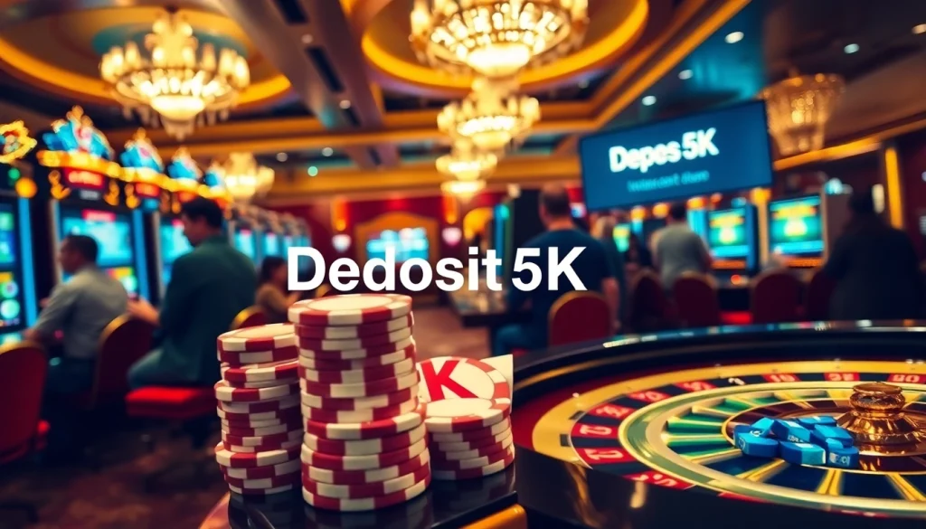 Experience the excitement of depo 5k at a vibrant casino filled with players and slot machines.