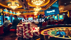 Experience the excitement of depo 5k at a vibrant casino filled with players and slot machines.