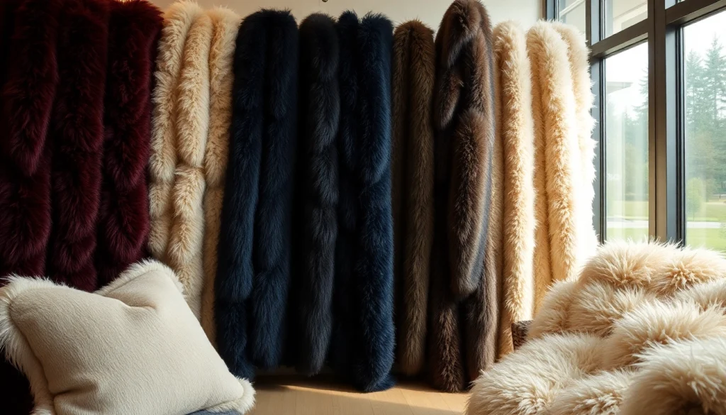 Verken nepbont stoffen met rijke structuren en kleuren in een luxueuze showroom.