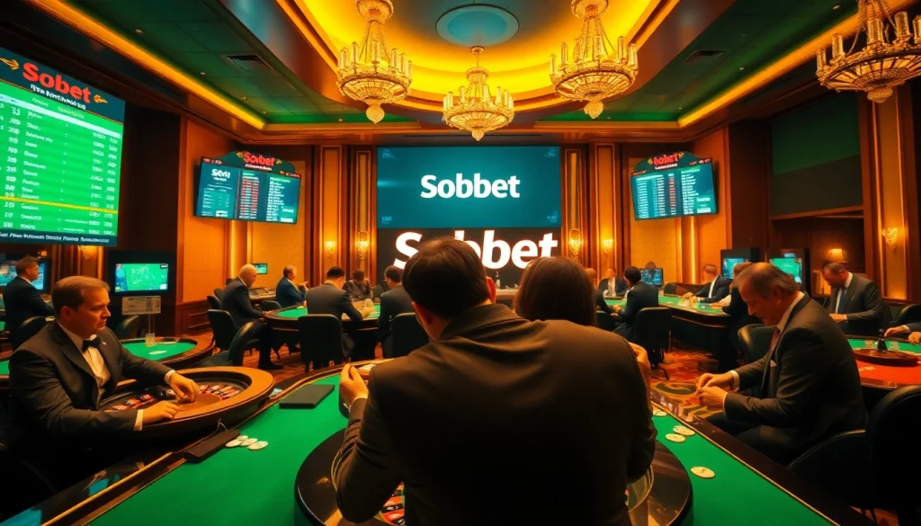 Engaging scene of sbobet link alternatif betting in a luxurious casino with gamblers at tables.