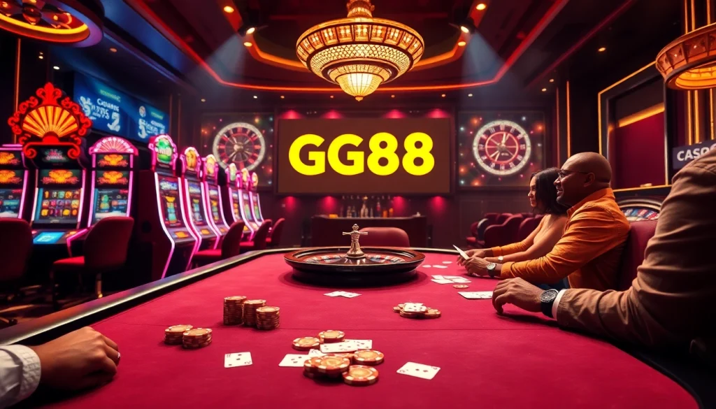 Experience thrilling gaming action at GG88 with poker chips and dynamic casino tables.