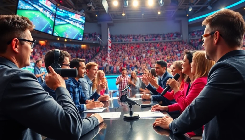 Sports Broadcasting commentators passionately discussing live games in a vibrant studio.