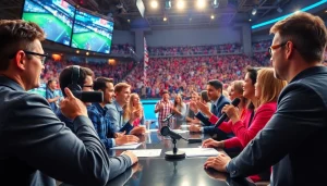 Sports Broadcasting commentators passionately discussing live games in a vibrant studio.