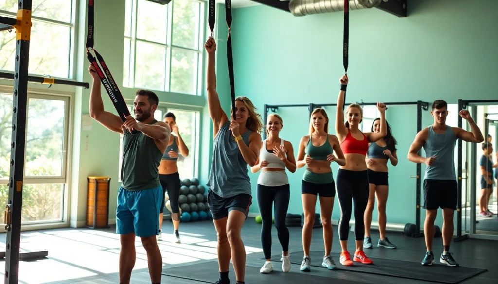 Active individuals using stretch bands for pull-ups in a vibrant gym setting.