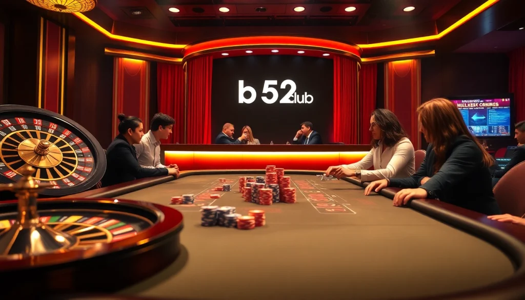 The b52club poker scene showcases gamblers at a vibrant casino table with colorful chips and an inviting atmosphere.