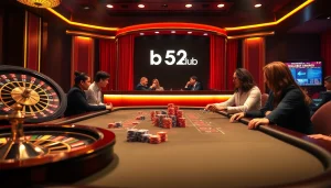 The b52club poker scene showcases gamblers at a vibrant casino table with colorful chips and an inviting atmosphere.