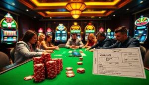 Players celebrating a win at XSMB 247 casino game, surrounded by vibrant slot machines.