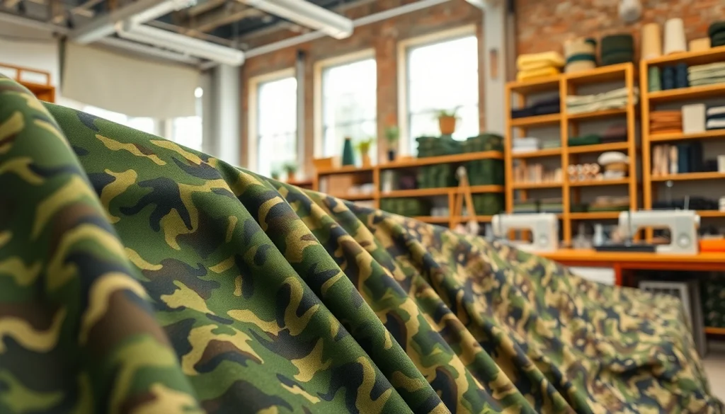 Ontdek camouflage print stoffen in een kleurrijke textielstudio met diverse patronen.