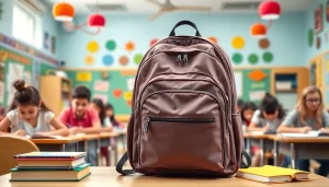 Stylish Handtasche für Schulen in a bright classroom setting, showcasing essential school supplies.