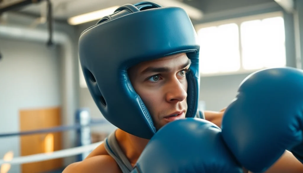 Boxer training with headgear boxing in a modern gym setting, showcasing protective features and determination.
