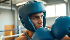 Boxer training with headgear boxing in a modern gym setting, showcasing protective features and determination.