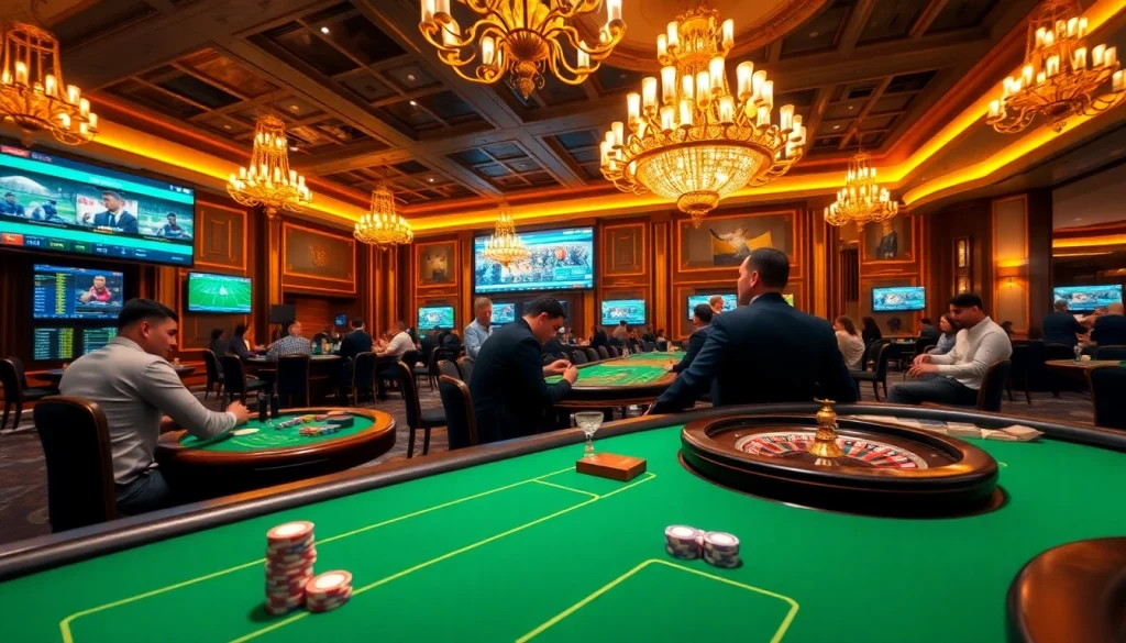 Betting with Sbobet link alternatif in a luxurious casino environment filled with poker chips and digital betting screens.
