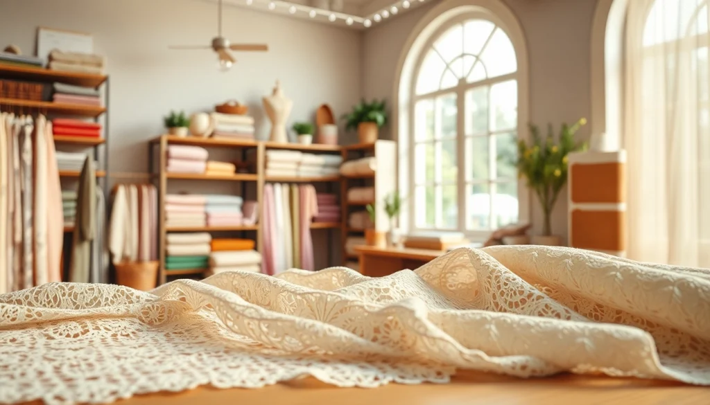 koop kant stof met mooie en delicate stoffen in een gezellig interieur