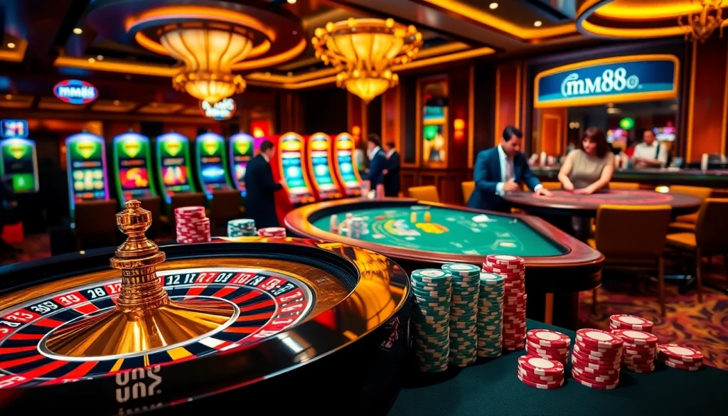 Players enjoying high-stakes games at an elegant casino, inspired by mm88 vin.