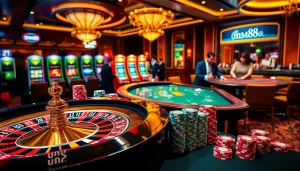 Players enjoying high-stakes games at an elegant casino, inspired by mm88 vin.