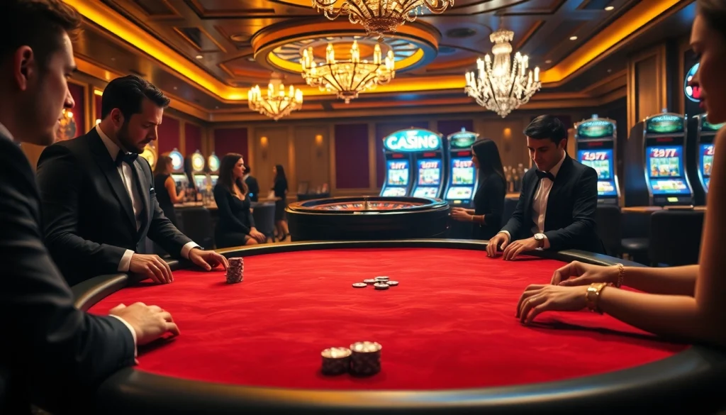 Une scène palpitante de casino fiable en ligne, mettant en vedette une table de poker à enjeux élevés et des joueurs élégants dans un cadre chic.