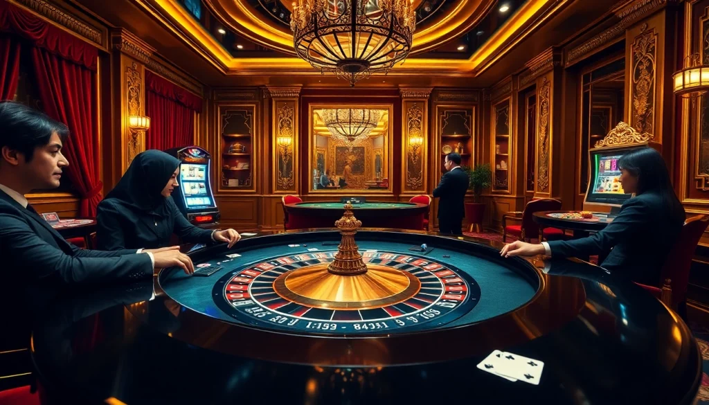Vivez des jeux palpitants dans un casino fiable en ligne, avec des joueurs profitant de la roulette et du poker dans un cadre luxueux.