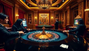 Vivez des jeux palpitants dans un casino fiable en ligne, avec des joueurs profitant de la roulette et du poker dans un cadre luxueux.