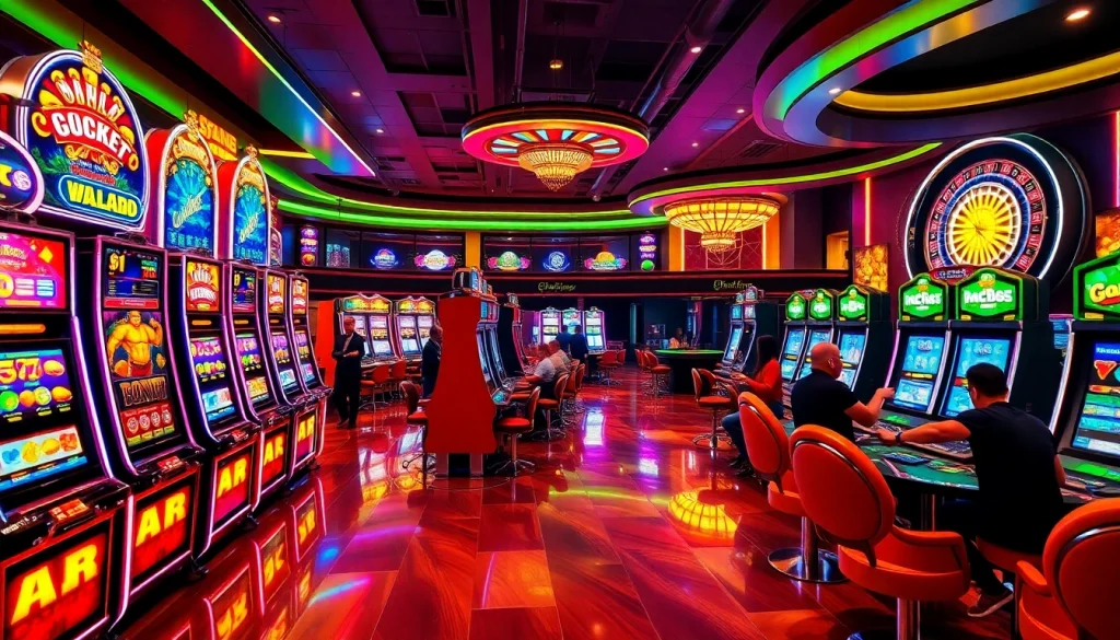 Gtatogel thrilling experience with players enjoying vibrant slot machines in a glamorous casino scene.