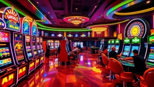 Gtatogel thrilling experience with players enjoying vibrant slot machines in a glamorous casino scene.