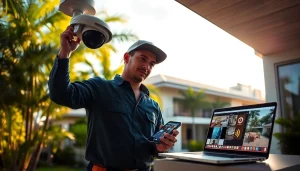 Cámaras de seguridad en Guanacaste instalándose por un técnico, mostrando tecnología de vigilancia moderna.