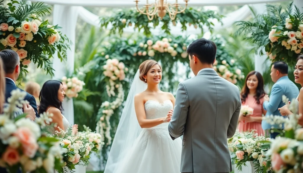 Beautiful wedding photography of a couple exchanging vows in a lush garden setting.