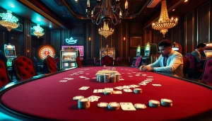 Scène de jeu de poker à enjeux élevés dans un casino fiable en ligne, mettant en avant stratégie et excitation.