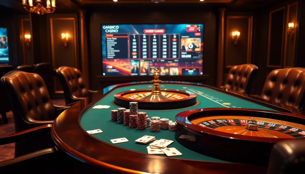 Illustration d'une interface de casino de luxe présentant un casino fiable en ligne avec des jetons de poker et une roue de roulette.