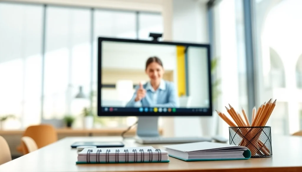 Providing remote exam assistance with an engaging online tutor in a bright office.