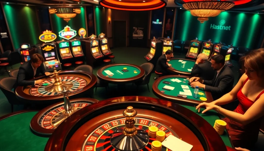 Ambiance palpitante dans un casino fiable en ligne avec des joueurs profitant des tables de poker et des machines à sous.