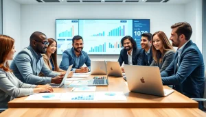 B2B competitive intelligence meeting where professionals analyze data for strategic decisions.