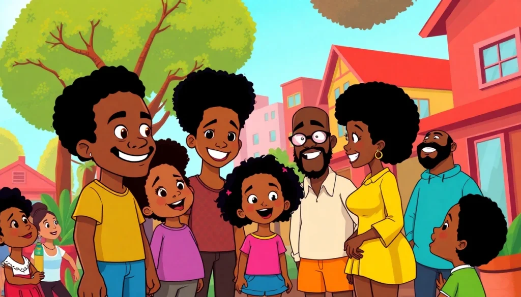 A vibrant illustration celebrating African American Cartoons featuring iconic characters in a lively community setting.