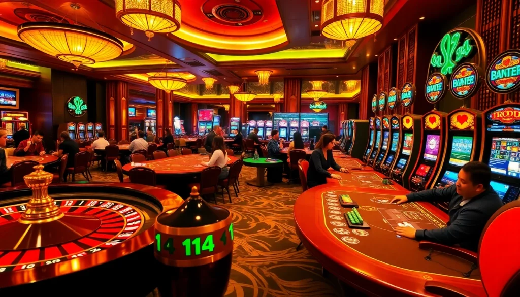situs bangsawan88 players enjoying exciting gameplay at a luxurious casino with roulettes and slot machines