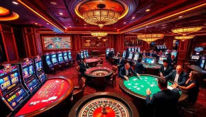 Une scène animée représentant un environnement de casino en ligne luxueux et fiable, rempli de tables de poker, de roulette et de machines à sous.