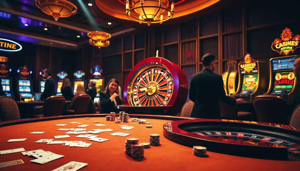 Scène engageante dans un casino fiable en ligne avec des joueurs aux tables, des machines à sous et des roues de roulette vibrantes.